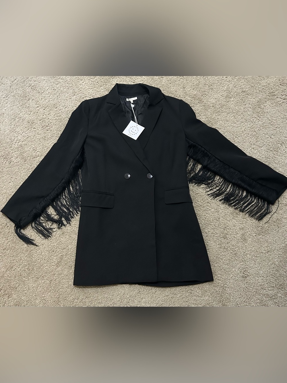 Baeverly Fringe-Trim Black Double-Breasted Women's Blazer Size Medium